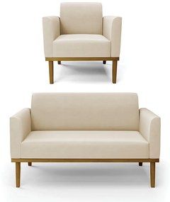 Conjunto Poltrona e Namoradeira Decorativa Isabella Pés Fixo em Madeira Castanho Suede Bege G19 - Gran Belo