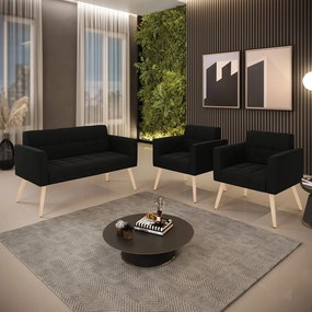 Kit 1 Sofá Namoradeira e 2 Poltronas Elisa Suede Pés Palito Natural - D'Rossi - Preto