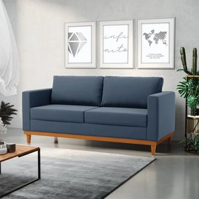 Sofá 03 Lugares Juliette Suede Azul Marinho Base Madeira Castanho