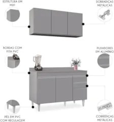 Armário Cozinha e Balcão Com Tampo 120cm Michigan Cinza     - Lumil