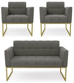 Kit 1 Sofá Namoradeira e 2 Poltronas Elisa Suede Grafite Base Metálica Industrial Dourado - D'Rossi