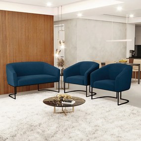 Namoradeira e 2 Poltronas Industrial Preto Stella Bouclê D03 - D'Rossi - Azul