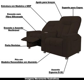Poltrona Reclinável 2 Lugares para Sala de Cinema Pequim Veludo Marrom G23 - Gran Belo