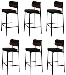 Banqueta Alta Bar Estofada Kit 6 Ella M25 Linho Preto/Marrom - Mpozena