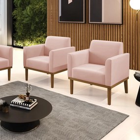 Kit 2 Poltronas Base de Madeira Fixa Castanho Marisa Veludo - Rose