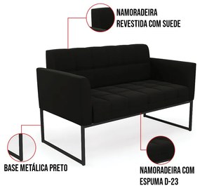 Kit 1 Sofá Namoradeira e 1 Poltrona Elisa Suede Preto Base Metálica Industrial Preto D03 - D'Rossi
