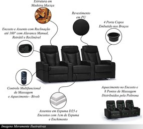 Poltrona 3 Lugares Sala de Estar e Cinema Califórnia Porta Copos Reclinável Manual PU G94 - Gran Belo - Preto