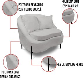 Poltrona Decorativa Orgânica Pé de Metal Preto Kit 2 Zaya Bouclê C05 - D'Rossi - Cinza
