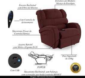 Poltrona do Papai Sala de Cinema Reclinável Kylie Controle Power Elétrico USB Veludo Vinho G23