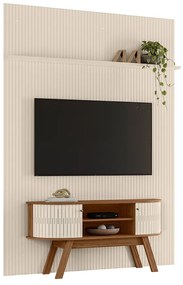 Painel TV 65 Pol 179cm Ripado Valen e Rack Bancada Rylan M20 - D'Rossi - Naturale(fosco)/Off White(brilho)