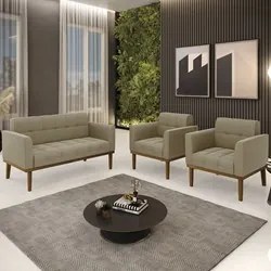 Sofá Namoradeira e 2 Poltronas Base Madeira Castanho Ana Suede Marrom
