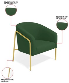 Poltrona Sala Industrial Alta Dourado Kit 2 Stella Veludo D03 - D'Rossi - Verde