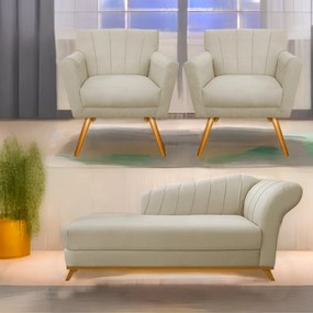 Kit Diva Recamier Vanessa 160cm Lado Esquerdo e 02 Poltronas Laura Linho - ADJ Decor