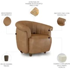 Poltrona Sala de Estar Pé Madeira Lykan Sintético Caramelo Z32 - Mpoze