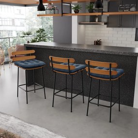 Kit 04 Banquetas Costela Suede Azul Marinho Base Metálica Preto - D'Rossi