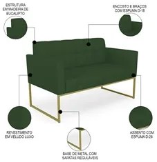 Sofá Namoradeira e 1 Poltrona Base Industrial Dourado Ana Veludo Luxo