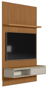 Painel para TV até 60 Polegadas Ripado Marisa com Nicho Bancada e Tampo Sobreposto Chanfrado Nature e Off White 141x250 cm L04 - D'Rossi