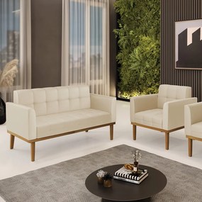 Conjunto Poltrona e Namoradeira Decorativas Karen Pés Fixo em Madeira Castanho PU Bege G19 - Gran Belo