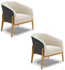 Poltrona Decorativa Base Madeira Kit 2 Stella PU Preto/Bouclê D03 - D'Rossi - Bege