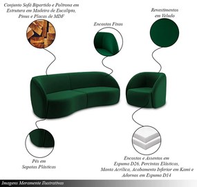Conjunto Sofá Sala de Estar Bipartido 240cm e Poltrona Clarke Veludo Verde G45 - Gran Belo