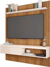 Painel Selina Ripado 150cm para TV até 55 com Porta de Correr e Prateleira MDP Freijo/OffWhite G11 - Gran Belo