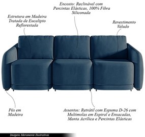 Sofá Cama Modulado Retrátil e Reclinável Decorativo Varsóvia 246cm Veludo Azul Marinho G33 - Gran Belo