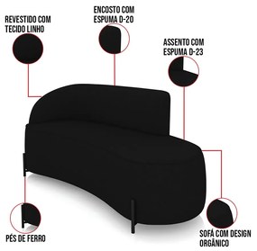 Sofá 3 Lugares Orgânico 180cm Pé Ferro Preto Morgan Linho D03 - D'Rossi - Preto