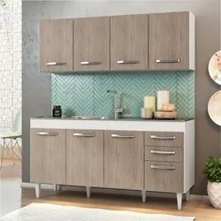 Armário Aéreo Panamá e Balcão Gabinete Áustria com Pia Inox 160cm Bran