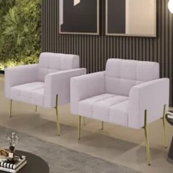 Poltrona Para Sala Pé Metal Dourado Kit 2 Ana Bouclé Rosê - Ibiza