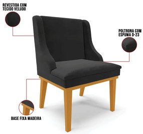 Cadeira de Jantar Liz Veludo Base Fixa Madeira Castanho D03 - D'Rossi - Preto