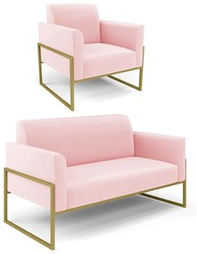 Sofá Namoradeira com Poltrona Base Industrial Alta Dourado Marisa Suede D03 - D'Rossi - Rosa Bebê