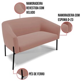 Sofá 2 Lugares Namoradeira Pé de Ferro Preto Stella Veludo D03 - D'Rossi - Rose