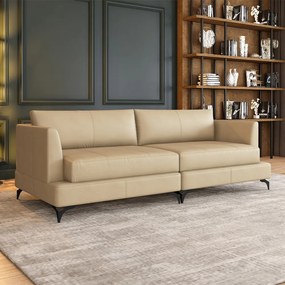 Sofá Living Bipartido 210cm Indonésia Pés de Ferro Couro Bege G52 - Gran Belo