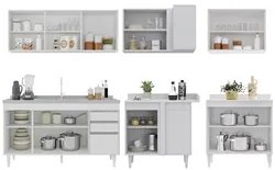 Armário de Cozinha Modulado de Canto 6 Peças CP33 com Pia Inox Branco