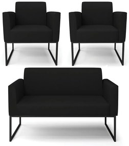 Sofá Namoradeira com 2 Poltronas Base Industrial Preto Marisa Linho D03 - D'Rossi - A79 Preto