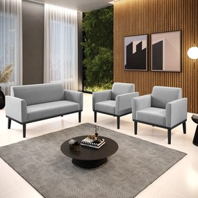 Sofá Namoradeira com 2 Poltronas Base de Madeira Fixa Preto Marisa Suede  D03 - D'Rossi - Cinza
