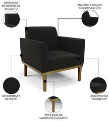 Poltrona Decorativa Base Madeira Castanho Maressa Suede Preto - Ibiza