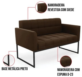 Kit 1 Sofá Namoradeira e 1 Poltrona Elisa Suede Marrom Base Metálica Industrial Preto D03 - D'Rossi
