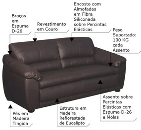 Sofá 3 Lugares Sala de Estar Veneza Couro Marrom G58 - Gran Belo