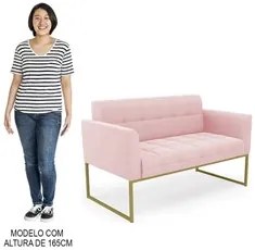 Sofá Namoradeira e 2 Poltronas Base Industrial Dourado Ana Suede Rosa