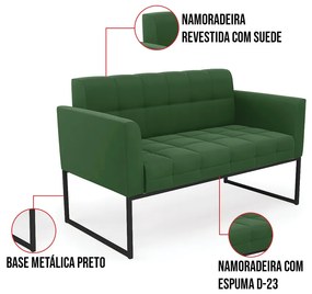 Kit 1 Sofá Namoradeira e 2 Poltronas Elisa Suede Base Metálica Industrial Preto D03 - D'Rossi - Verde