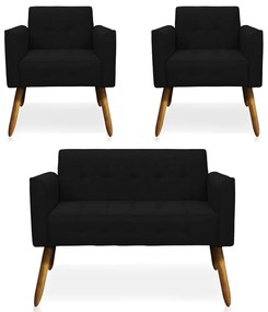 Conjunto 2 Poltronas e 1 Namoradeira Pés Palito Karen Linho Preto G19 - Gran Belo