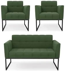 Sofá Namoradeira e 2 Poltronas Base Industrial Preto Ana Suede Verde -
