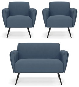Sofá Namoradeira com 2 Poltronas Pés Palito de Ferro Bruna Suede - D'Rossi - Azul Marinho