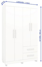 Roupeiro Guarda Roupa 4 Portas Prateleiras 2 Gavetas Branco