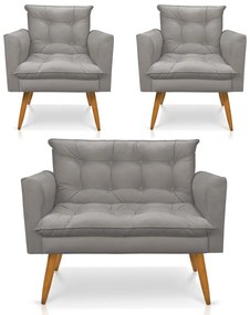 Kit 1 Sofá Namoradeira e 2 Poltronas Tais Suede Grafite Pés Palito Castanho - D'Rossi