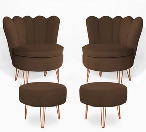 Conjunto 2 Poltrona Dália com 2 Puff Chloe Pés Hairpin Legs Bronze Veludo Marrom