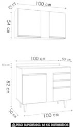 Armário Cozinha e Balcão Com Tampo 100cm Luziania Cinza Claro/Castanho