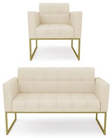 Kit 1 Sofá Namoradeira e 1 Poltrona Elisa Linho Bege A19 Base Metálica Industrial Dourado - D'Rossi