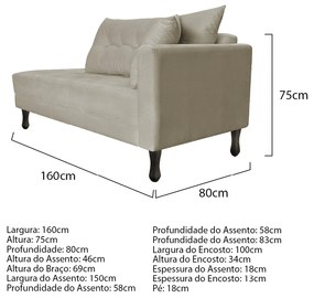Kit Diva Recamier Azura 160cm Lado Esquerdo e 02 Poltronas Classic Linho - ADJ Decor